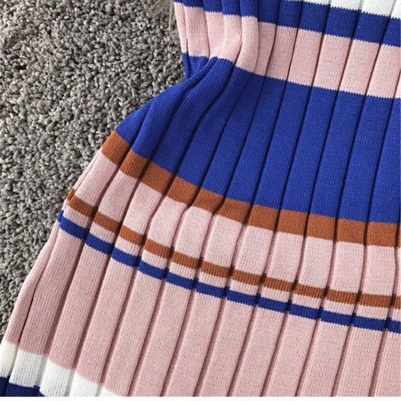 Women Ribbed Woven Bodycon Dress Small S Blue Pink White Stretch Wide Stripes - Picture 15 of 16